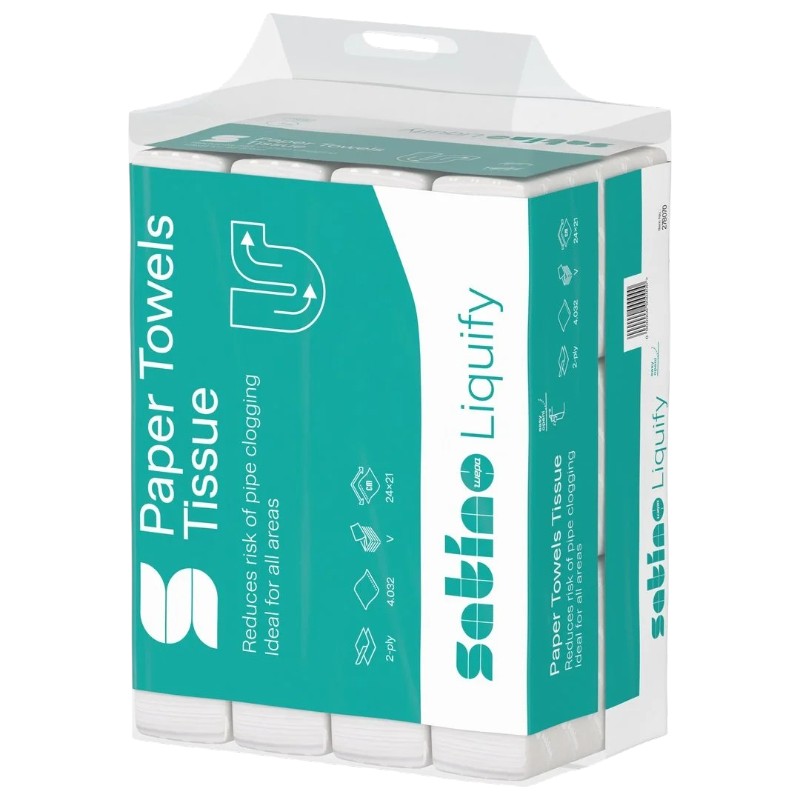 Satino Liquify - Essuie-mains plié en V - 2 plis - cellulose blanc - 24x21cm - Colis de 4032 feuilles (PT3)